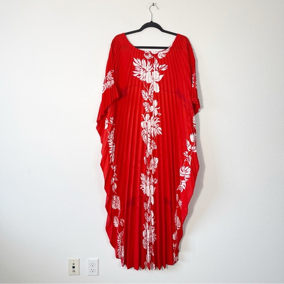 Vintage Resort Line Hawaiian Kaftan Floral Pleated MuuMuu Dress One Size - Picture 4 of 6